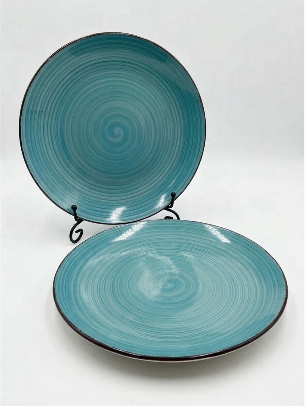 Set of 2 Royal Norfolk Turquoise Swirl 10.5" Dinner Plates Stoneware Teal Blue